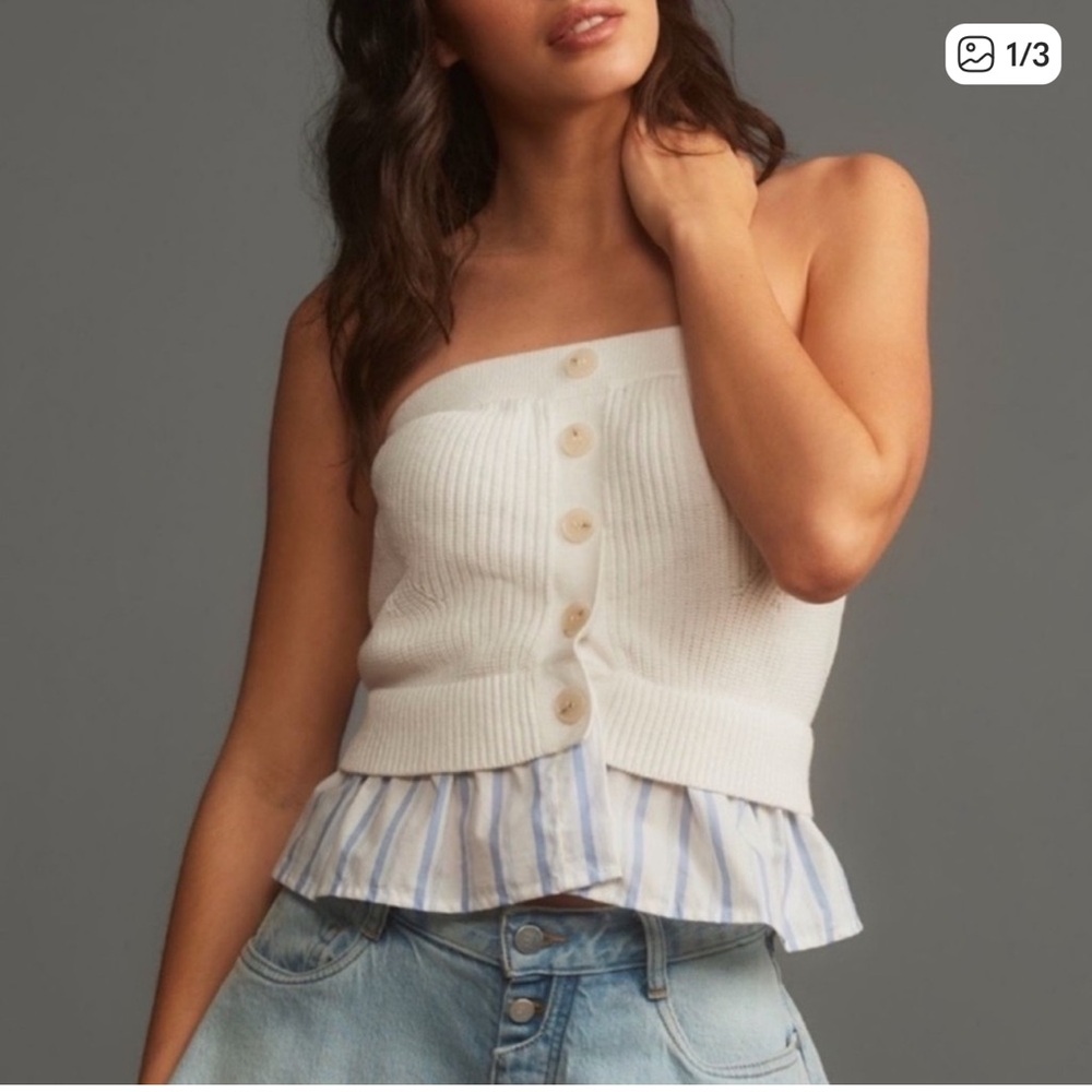 Anthropologie strapless twofer tube top cable knit stripe hem blouse buttondown
